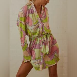Boutique Pastel Colorful Crinkle Satin Button Tunic Mini Dress